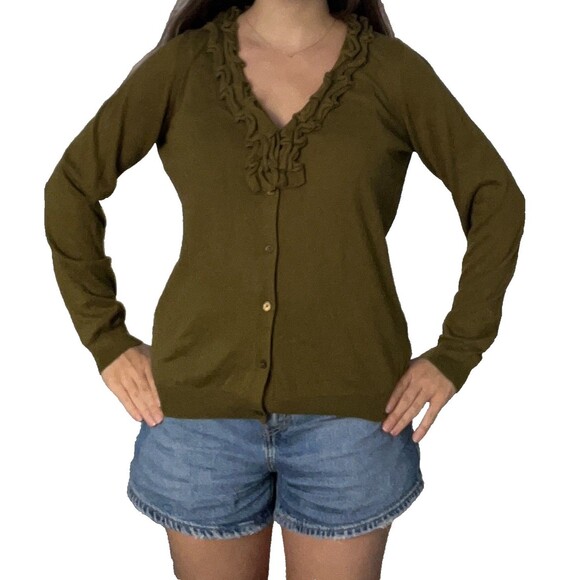 Talbots Womens Cotton Wool Blend Cardigan Sweater Size M Ruffles Button Front - Picture 1 of 6